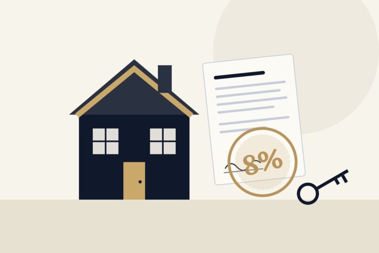 Illustration of a house beside a transfer document stamped 8%, with a house key