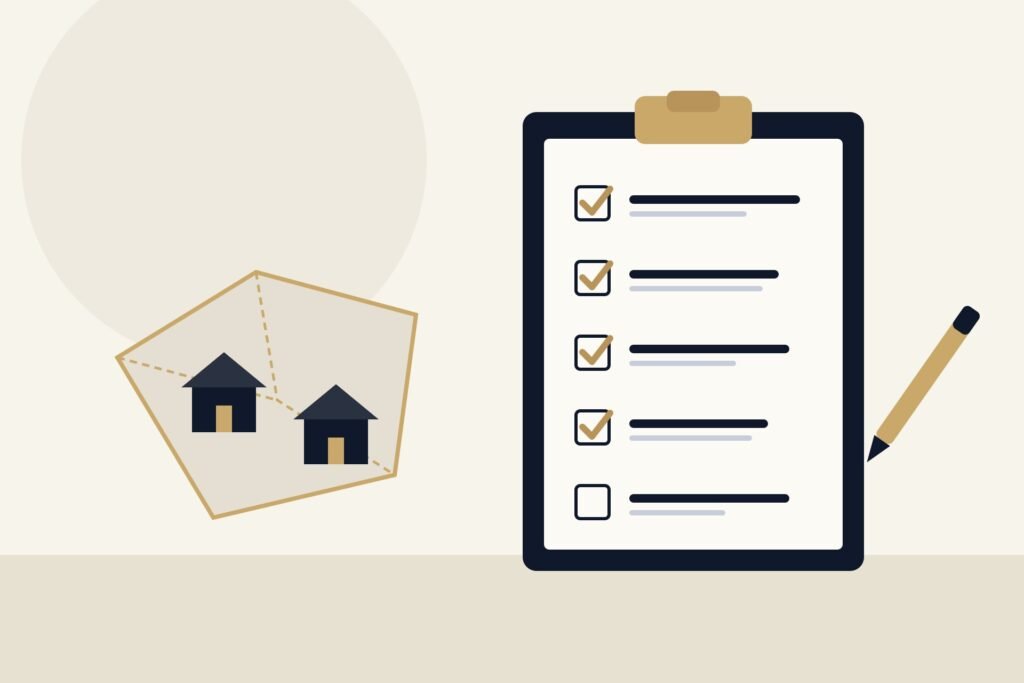 Illustration of a clipboard checklist beside a land parcel with two houses