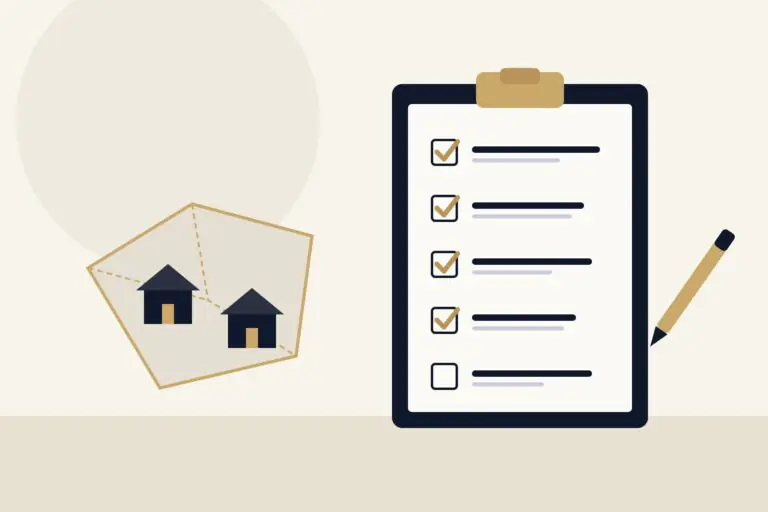 Illustration of a clipboard checklist beside a land parcel with two houses