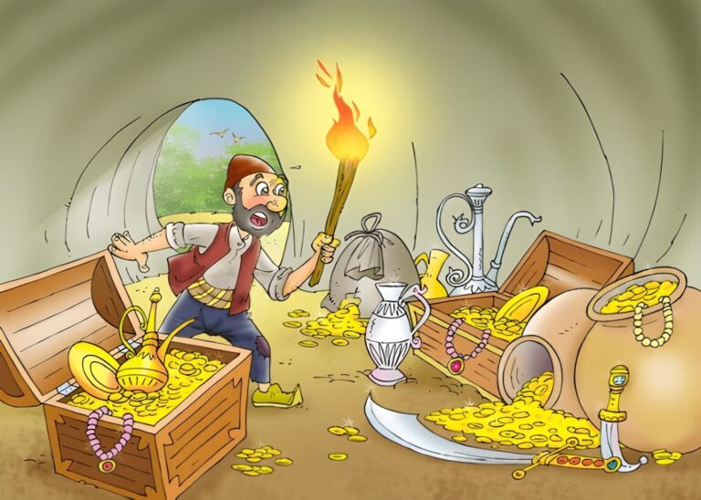 Cartoon illustration of Ali Baba holding a torch inside the treasure cave, surrounded by chests of gold coins, jewellery and jars